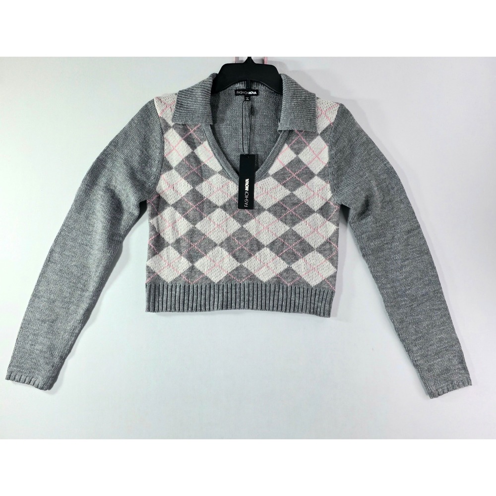 Fashion Nova Museum Date Argyle Sweater Grey Pink White Cropped Collared Size M